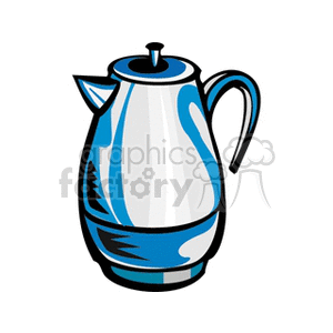 A stylized clipart image of a blue and white teapot with a handle and spout.