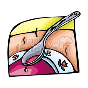 Clipart image of a soup bowl with a spoon resting inside. The bowl has a decorative pattern with small flowers.