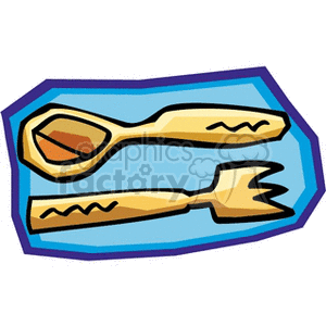 Clipart image of a stylized golden spoon and fork on a blue background.