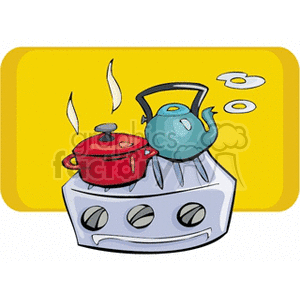 A clipart image depicting a stove top with a red pot and a blue teapot. The pot is steaming and the teapot appears to be boiling.