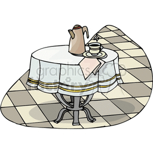 Clipart of a kitchen table with a tablecloth, a teapot, and a cup on a tiled floor.