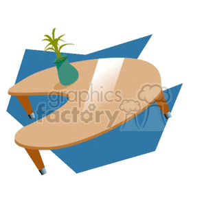 Clipart image of a coffee table with a green vase and plant on top against a blue abstract background.