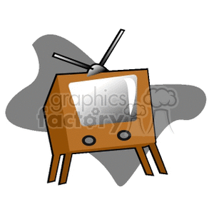 A clipart image of a retro television set with antenna and two legs, featuring a brown rectangular body and a grey background.
