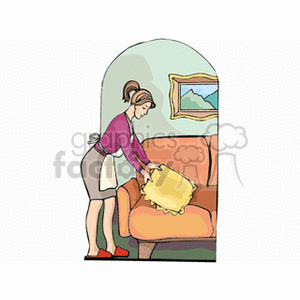 Woman Cleaning and Arranging Cushion in Living Room