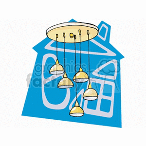 Clipart image of a ceiling light fixture with multiple hanging lamps in front of a blue house outline.