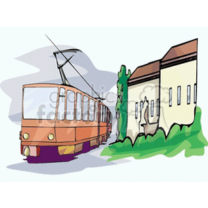 A clipart image featuring a trolley train passing by a building in an urban setting.