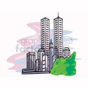 Clipart image of a city skyline with multiple skyscrapers and a patch of greenery.