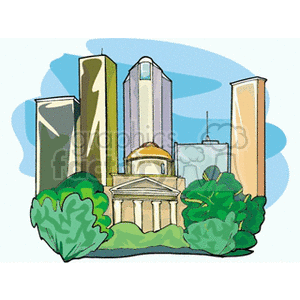 Illustration of a city skyline with various skyscrapers and a classical-style building in the foreground.