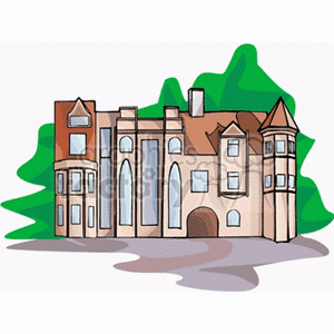 Illustration of a stylized building with architectural features, surrounded by greenery.