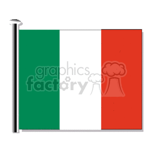   The image depicts the national flag of Italy, which consists of three equal vertical bands of green (hoist side), white, and red. The flag is mounted on a flagpole, which is anchored at the top left corner. 