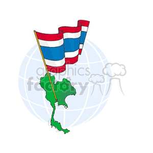 The clipart image features the national flags of Thailand with two flagpoles, superimposed over a globe illustration that highlights the country's geographical shape in green, indicating its location on the Earth.