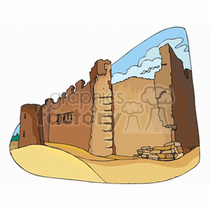 Clipart image of an ancient desert fortress with high walls and a clear sky.