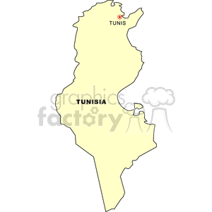 Clipart image of a simple outlined map of Tunisia, highlighting the capital city Tunis.