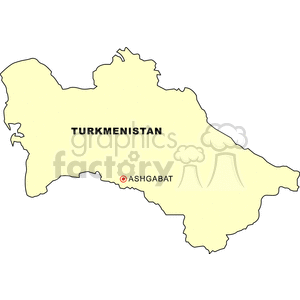 Clipart image of a map showing the country of Turkmenistan with its capital, Ashgabat.