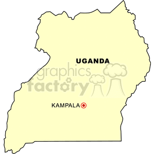 A simple outline map of Uganda highlighting its capital, Kampala.