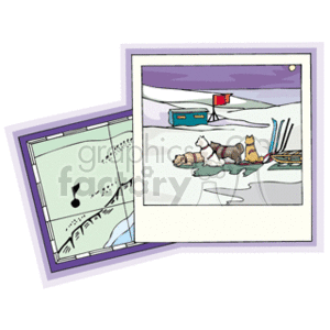 The clipart image shows a cartoon-style depiction of a polar or arctic scene. To the left, there is a symbolic representation of a map, likely indicating a cold region due to the inclusion of an exclamation mark and the contour lines that might suggest an area of interest or caution. On the right, there's an image of an individual lying on their back in the snow, dressed in heavy winter clothing, suggesting that they might be taking a break or have fallen down. There are also items that appear to be a part of a sled with poles or skis and a couple of bags or containers that may hold supplies. A red flag on a pole is planted into the snow in the background along with a blue container, possibly a cooler.