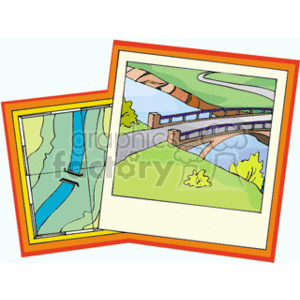 The image is a clipart featuring two different framed pictures placed at an angle to each other. One frame contains a map with roads and possibly a river or a blue geographic feature. The other frame shows a colorful illustration of a landscape with a bridge over a body of water such as a river, with green hills or mounds and a couple of trees.