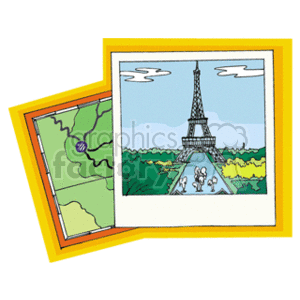  The clipart image contains two distinct elements highlighted in separate frames. On the right, there is a drawing of the Eiffel Tower, a prominent Parisian landmark, with blue sky and clouds above and greenery below. There appear to be two human figures at the base of the Tower. On the left, there