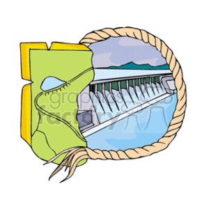 The clipart image depicts a stylized representation of a dam within a circular frame that resembles a rope. In the background, there are hills or mountains, and in the foreground, there is water being retained by the dam. Part of the image includes what appears to be a section of a map or possibly terrain, shown in a yellowish-green, to the left side.