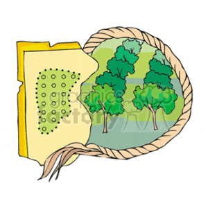 The clipart image portrays a stylized representation of a garden or orchard planning map. It shows a circular frame that suggests a global perspective, inside of which there is a green area representing the garden with several tree symbols, indicating an orchard or tree layout. To the left, partially overlapping the circle, is a section of a yellow map or document with a grid of dots, which might depict positions for planting or other related data.