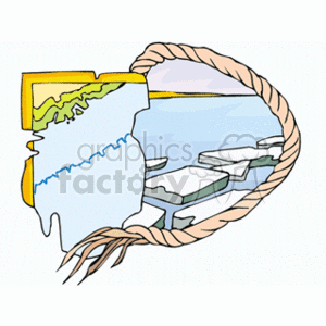 This clipart image depicts a stylized representation of a portion of a map surrounded by a rope border, alongside a scene of ice floating on water, possibly indicating a polar or cold region.