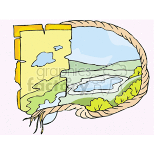 The clipart image depicts a stylized representation of a map with a rope border. The map appears to illustrate a landscape with various geographical features such as yellow and green landmasses, possibly indicating different terrain or vegetation zones, and a central blue area representing a lake or body of water. The lake has a smaller area within it, which could be an island. The surrounding green areas might be indicative of forests or parks. Cloud shapes are visible on the yellow landmass, which could represent weather patterns or simply be part of the decorative design.