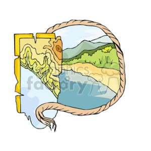   This clipart image depicts an illustrated map with a coastal landscape. You can see a topographical representation with varying elevations, a body of water (possibly the ocean), and a beach or shoreline. The map appears to be within a circular border resembling a nautical or explorer