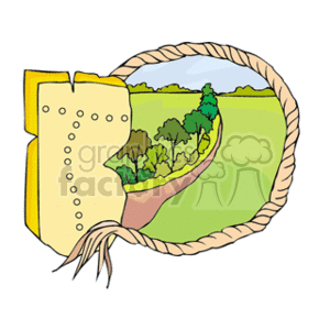   The clipart image depicts a stylized representation of a map with a segment of forest. The map has a yellow border with dots, and there is a rolled parchment-like bottom edge, suggesting an old-fashioned or traditional map. In the center of the map, there