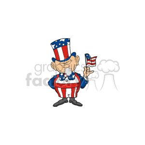   The image depicts a representation of Uncle Sam, a national personification of the United States. He is wearing a patriotic outfit with the American flag design, consisting of a blue suit with white stars and red and white stripes. Uncle Sam is sporting a top hat with the same pattern and is holding a small American flag in his hand. The image conveys themes of American patriotism and may be associated with events like Memorial Day, Election Day, President