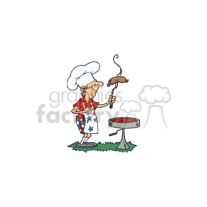   This clipart image depicts a cartoon chef grilling hotdogs on a barbecue. The chef is wearing a chef