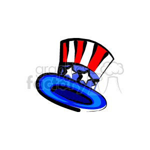 The clipart image features a stylized version of Uncle Sam's top hat, an iconic symbol of American patriotism. The hat is designed with the characteristic stars and stripes—stripes on the vertical band and stars against a blue background on the brim of the hat, which symbolizes the American flag. The hat appears tipped, suggesting motion or greeting.