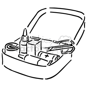 A black and white clipart image of a first aid kit containing various medical supplies, including bandages, a bottle, a tube, scissors, and a roll of gauze.