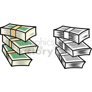 Clipart image of two stacks of paper bills, one stack with green bills and the other with gray bills.