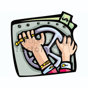 Cartoon clipart image depicting a pair of hands operating a safes unlocking mechanism.