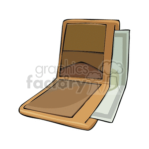 A clipart image of a brown open wallet with paper currency partially visible.