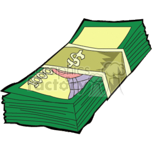 The clipart image depicts a stack of currency notes, specifically dollars. The top bill indicates the denomination is $1000, which is not a common circulation denomination for US currency. The stack appears to be large, implying a significant sum of money.