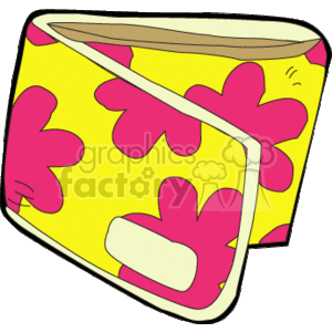 The image features a yellow wallet with pink flowers on it. It looks like a foldable purse typically used to carry money, cards, and other small personal items.