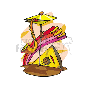 Colorful clipart image featuring a saxophone, cymbals, balalaika, and xylophone.