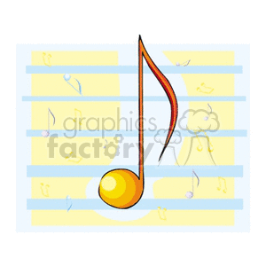 Clipart image depicting a large music note on a background of musical staff lines with smaller decorative notes.