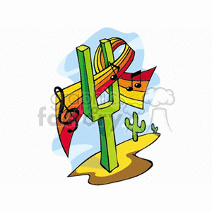 A colorful clipart image featuring a cactus in a desert scene with music notes and a decorative ribbon wrapped around it, symbolizing a blend of music and nature.