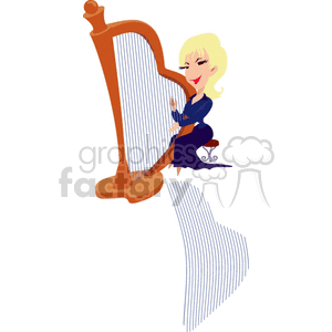 A cartoon illustration of a female musician playing the harp with joy.