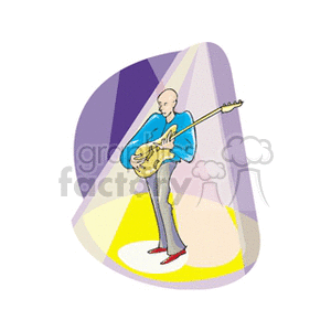 A clipart illustration of a musician playing an electric guitar under colorful stage lights.