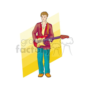 Clipart image of a musician playing an electric guitar with a colorful background.