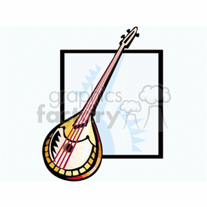 Colorful clipart illustration of a mandolin, an acoustic string instrument, set against a framed backdrop.