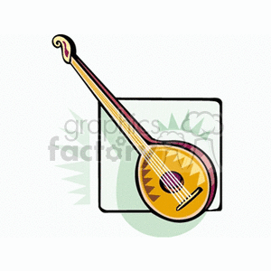 Colorful clipart illustration of a mandolin with a geometric background.