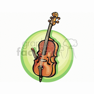 A clipart image of a violin with a bow set against a green circular background.