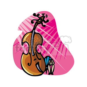 A stylized illustration of a large violin with a small person sitting next to it against a pink abstract background.