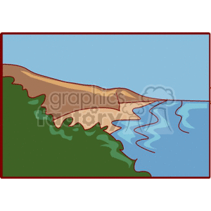 Clipart image depicting a scenic beach with sandy shores, ocean waves, and green vegetation under a clear blue sky.