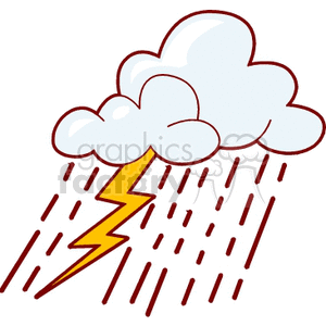 Clipart image of a stormy weather scene with clouds, rain, and a lightning bolt.