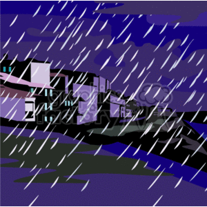 The image depicts a cityscape during a heavy storm, with dark purple clouds and intense rain falling on urban buildings. The buildings are stylized and appear to be battening down against the severe weather. The environment suggests a strong storm, potentially a hurricane, as indicated by the chaotic atmosphere and the driving rain set against the dark sky. The intensity of the storm is highlighted by the white streaks representing the rain pouring down at an angle indicative of heavy winds.